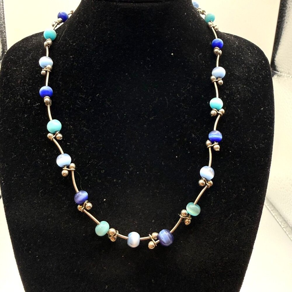 Blue Frosted Glass & Silver Tone Bead Necklace